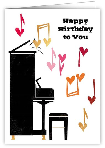 Greeting Card - Happy Birthday to You - black upright piano with colourful hearts. Print Lover Quire