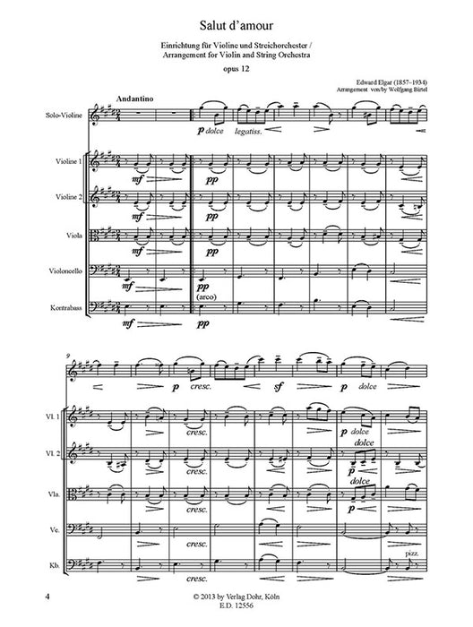 Elgar - Salut d'Amour Op12 - Violin/String Orchestra Score Only arranged by Birtel Dohr M-2020-2556-7