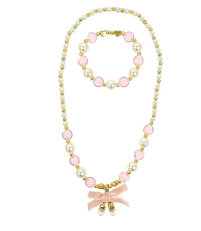 Ballet Pink Poppy Ballerina Necklace and Bracelet Set Ballet Shoes and Pink Bow on the Charm