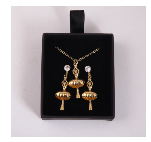 Ballet Jewellery Set Gold Ballerina Pendant Necklace and Drop Earrings with Diamantes