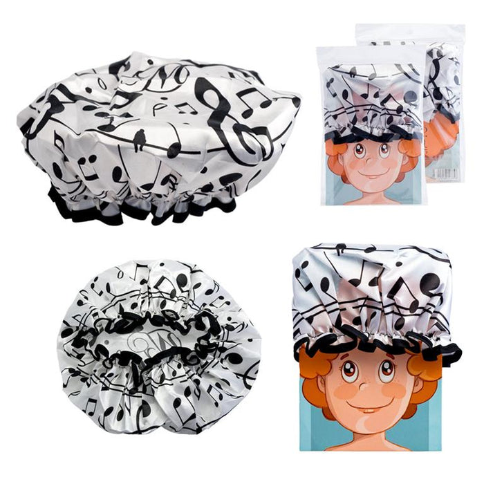 Shower Cap White with Black Notes and Clefs