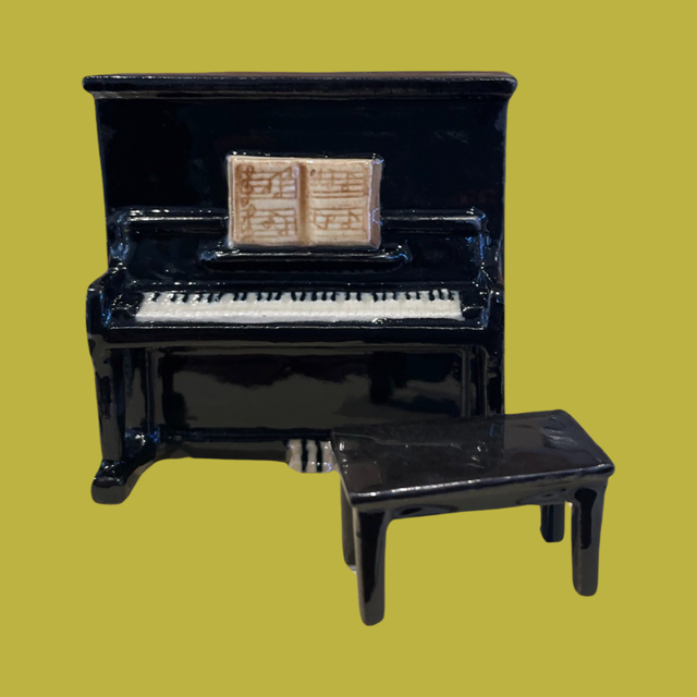 Porceline Upright Black Piano and Stool